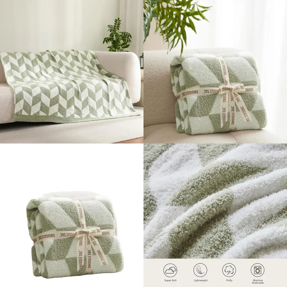 

Twin Size Sage Green Knit Blanket, Soft & Warm Oversized Chevron Cozy Throw, 60x80