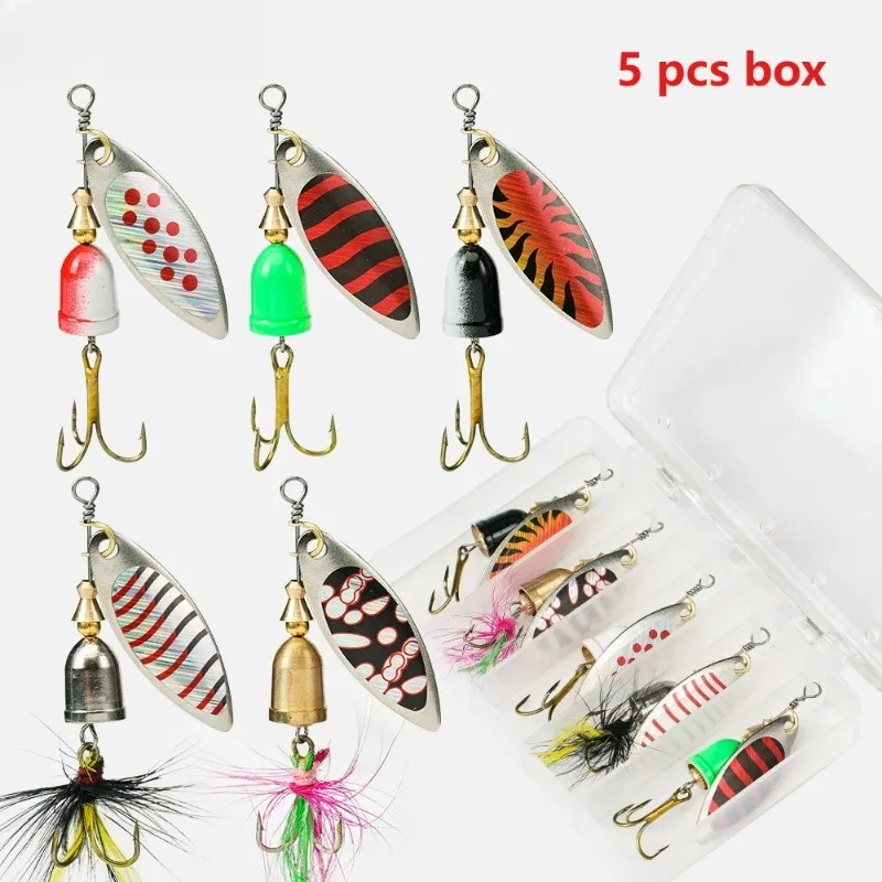 5 señuelos giratorios metálicos en forma de campana de alta resistencia para pesca de lubina, trucha y salmón, aparejos de pesca.
