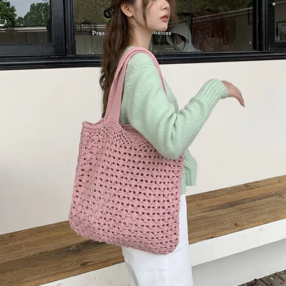 Women Large Capacity Knitted Shoulder Bags Retro Hollow Woven Knitted Braid Shopping Tote Shopper Bags  Crochet Handbags