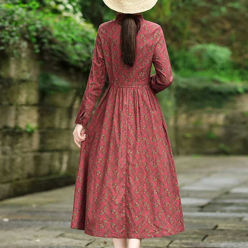 女性のヴィンテージ花柄レースアップエレガントなパーティードレス秋のファッションハイウエストスリムコットンミディドレス長袖 Vestidos