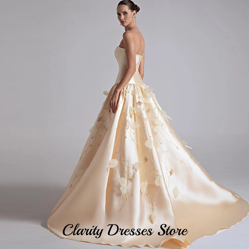 

High Quality Satin A-Line Celebrity Gown Classic Strapless Sleeveless Evening Dress Customized Flower and Beading Robe de soirée