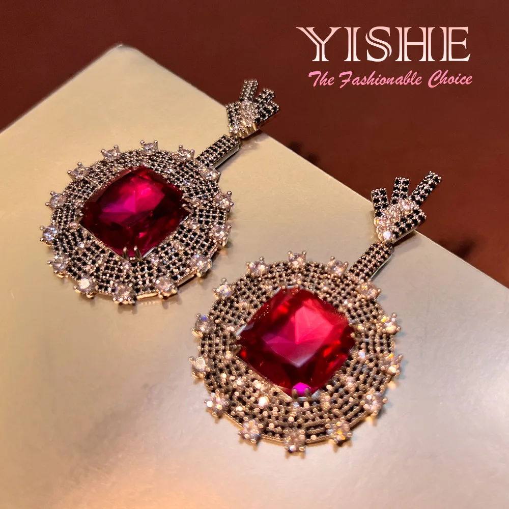 European and American exaggerated magazine ruby earrings 5A white K rhodium plated high-end sexy exquisite light luxury Indo-Pak