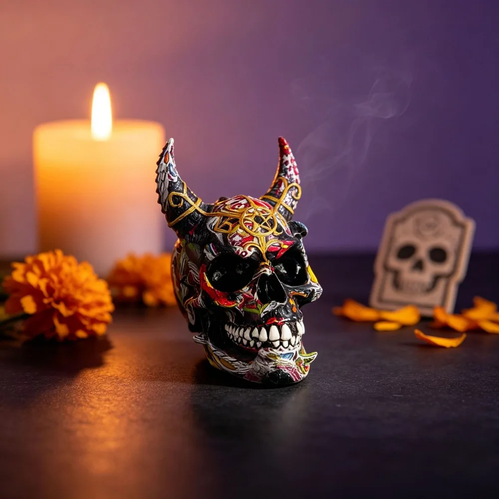 Halloween Decor Resin Skeleton Statue Colorful Demon Skull Figurine Party Horror Decoration Props Graffiti Art Satan Sculpture