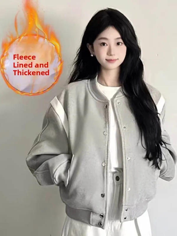 Korean College Style Baseball Jacket Women's Autumn Winter Short Thickened Retro Fleece Warm Loose Fit Button Detail Coat