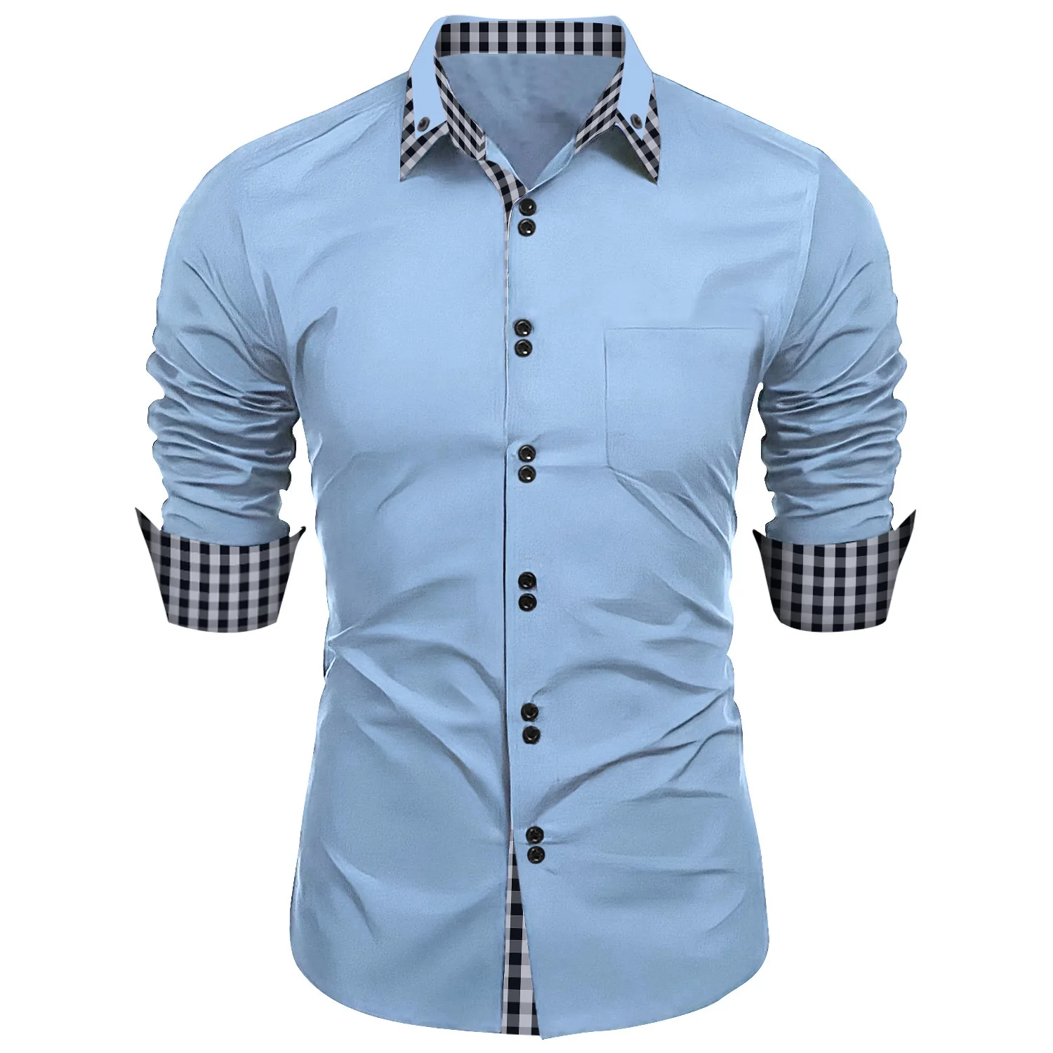 2024 Spring And Autumn New Men\'s Color Matching Plaid Lapel Business Casual Fashion Cotton Long-sleeved Lapel Shirt