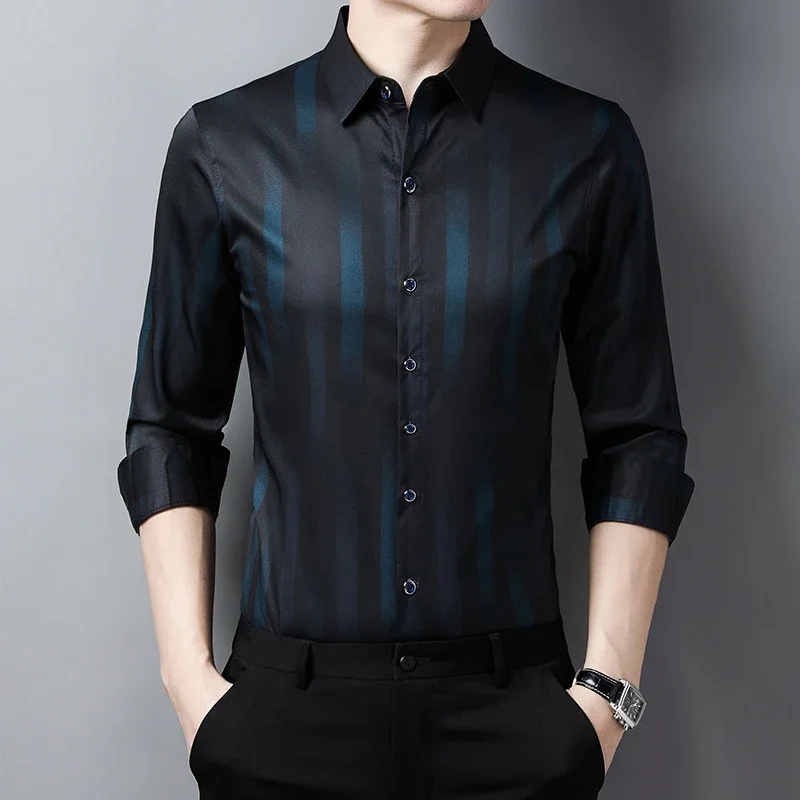 New Men\'s Casual Printed Long Sleeved Lapel Shirt for Spring and Autumn Fashion Comfortable Wrinkle Free Top Without Ironing