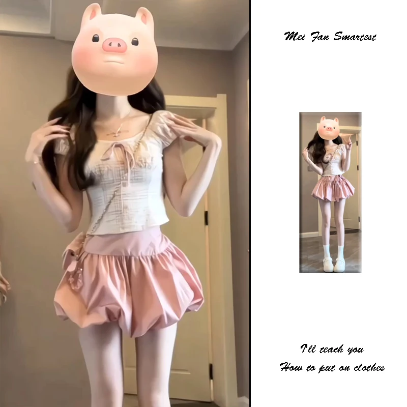 

Girls Ballet Knot Flower Bud Skirt Pink Summer New Style Puffy Half-length Short Skirt High Waist Denim Fabric Commute
