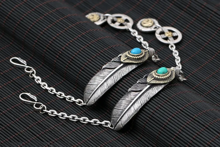 silver jewelry fashion high bridge mylang inlaid turquoise round medal small flying eagle feather bracelet for men and women