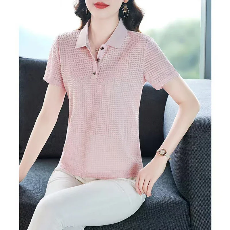 Women Summer Korean Fashion Elegant Short Sleeve Button Polo Collar T-shirt Female Solid Casual Slim Commute Tops Polos Mujeres