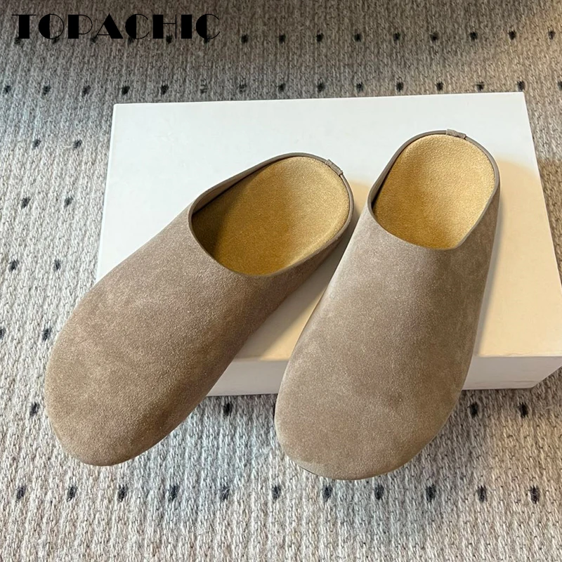 4.9 TOPACHIC High Quality Cow Suede Women Slippers Flat Sole Comfortable Round Toe Mules Slippers