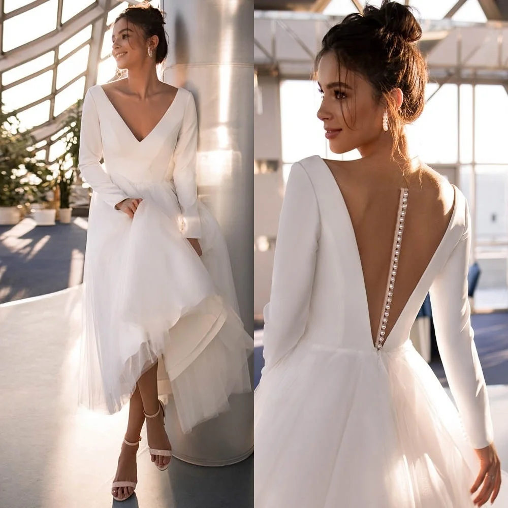 

Customized Formal Wedding Dresses Dreamy V-Neck Long Sleeves Dresses Wedding Dresses Backless Open Back Bespoke Occasion Gown