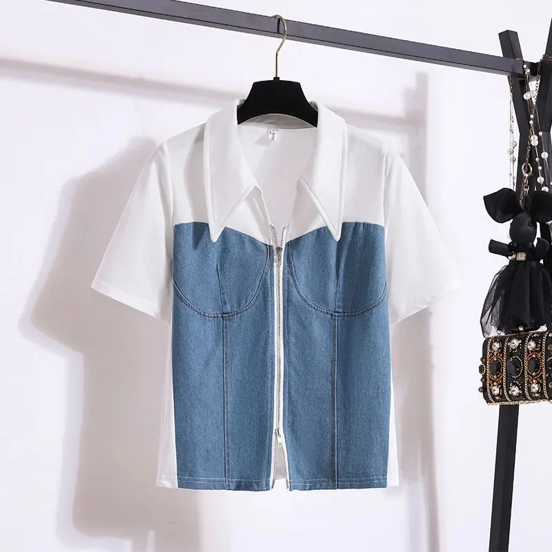 Oversized 4XL Two-piece Patchwork Denim Set For women\'s 2024 Summer New Polo collar Zipper Top+Wide leg pants Female Casual Sets