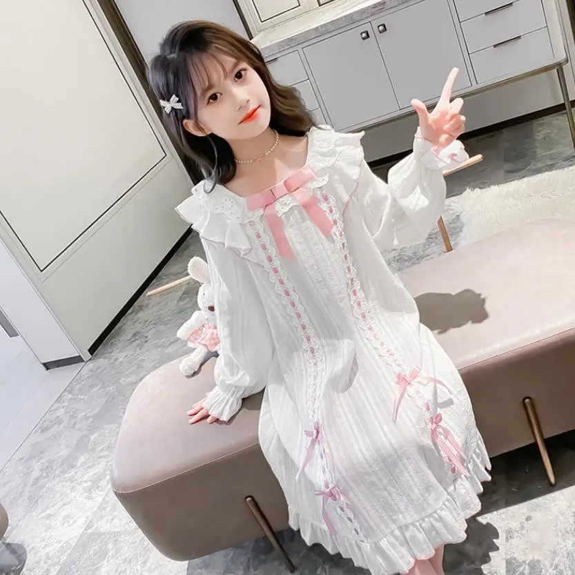 Girl 100% Cotton Sleep Dress Spring Summer New Lace Patchwork Nightgown Kids Bow Princess Home Clothes Teen Pajamas Wz1150