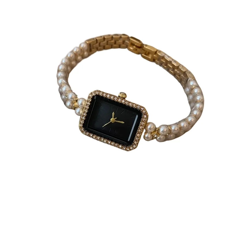 Pearl chain black gold high-grade sense square dial small temperament fashion women's watch