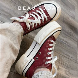 BEAUTODAY-Chaussures en Toile et Cuir de Vache group pour Femme, Souliers d'Extérieur à Lacets, Faits à la Main, Collection Printemps 29248
