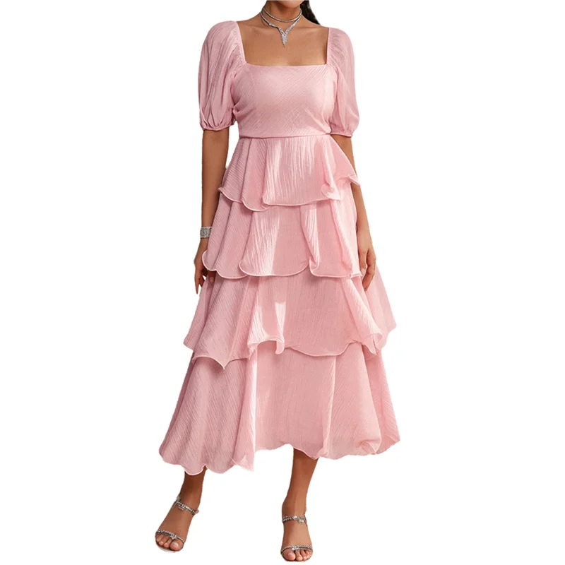 【Decoração de festa】 Vestido maxi boho de verão feminino manga curta bufante flowy linha em camadas vestidos longos de férias na praia