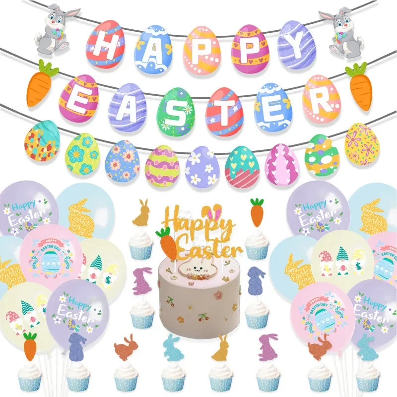 Pastel Colourful Easter Party Decorating Set HAPPY EASTER Letters Eggs Banners Balloons Spiral Rabbit Streamer Cake Toppers Set