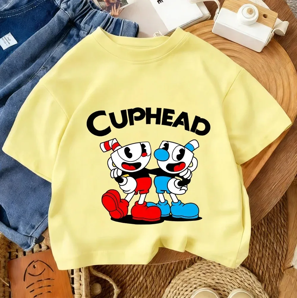2026 Cuphead Kids Short Sleeve T Shirt Boys Girls Cartoon Game Character Summer Cotton Top