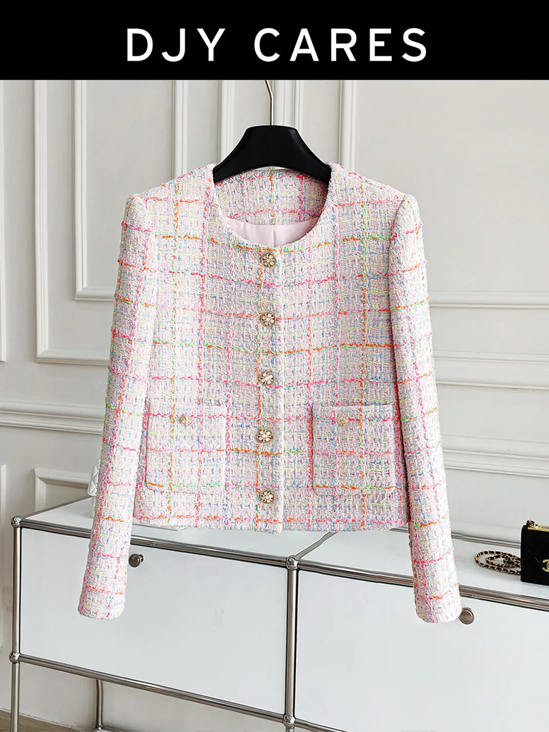 

New Sweet pink checkered round neck short jacket and fashionable top big size