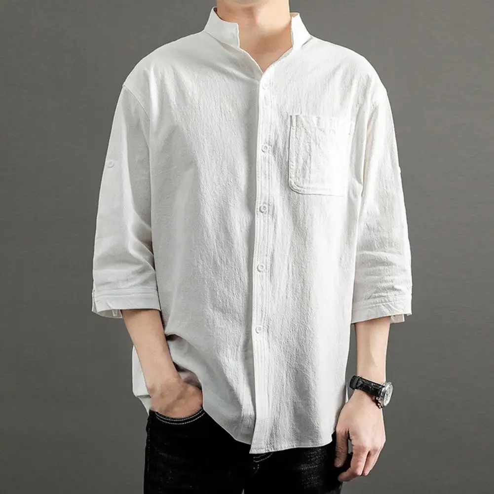 Male Casual Shirt Stand Collar 3/4Sleeves Loose Cardigan Streetwear Plus Size Men Over Shirt Office Commuter Clothes Summer Wear