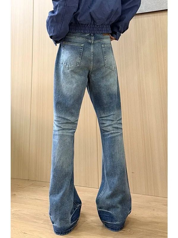 

American Retro High Street Cleanfit Jeans Men's Extended Length Slim Straight Leg Micro Flared Pants mid Waist Zipper Closure