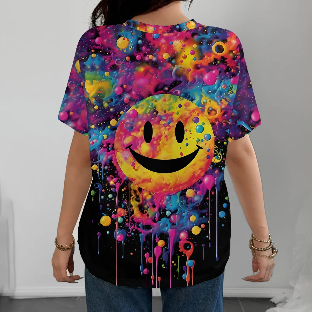 Camiseta con cara sonriente de arcoíris para mujer, con efecto de tinta salpicada, estilo callejero, moda informal, cómoda, manga corta de verano Y2K