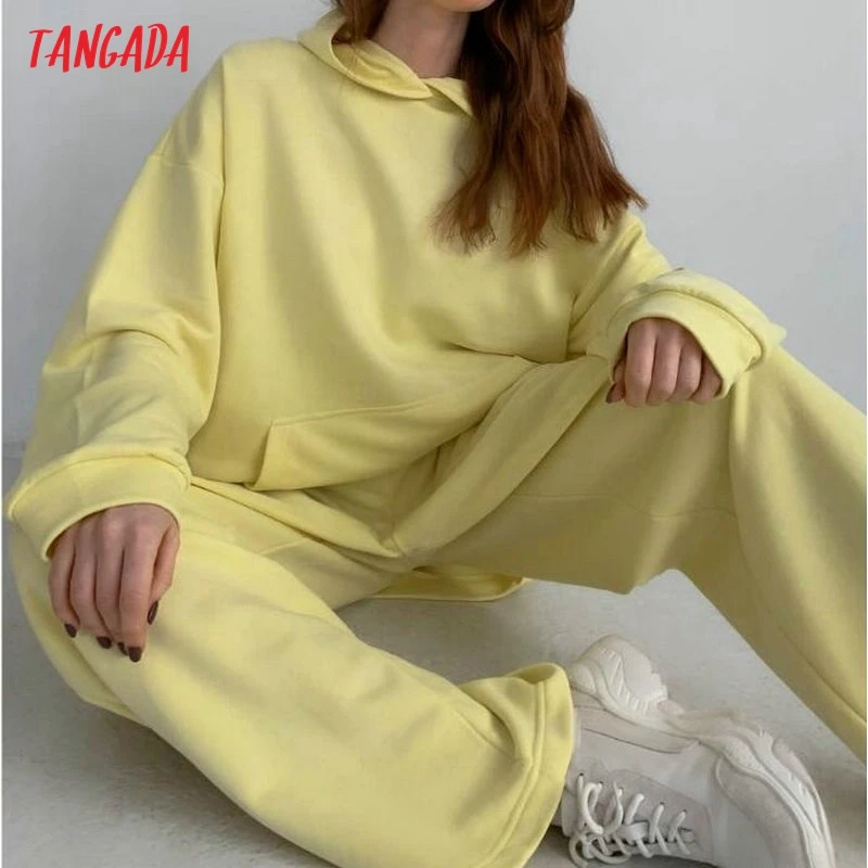 Tangada Women Tracksuit Sets Yellow Oversized Sweatshirt Hoodies Cotton Suit 2 Pieces Sets Hood Tops and Pants 6L39