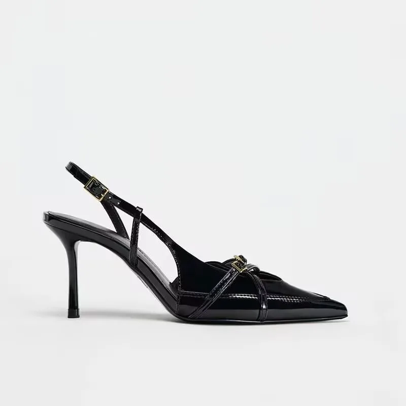 French-Style pointed-toe stiletto flat strap sandals new Women's fashion high heels with backless design versatile and stylish