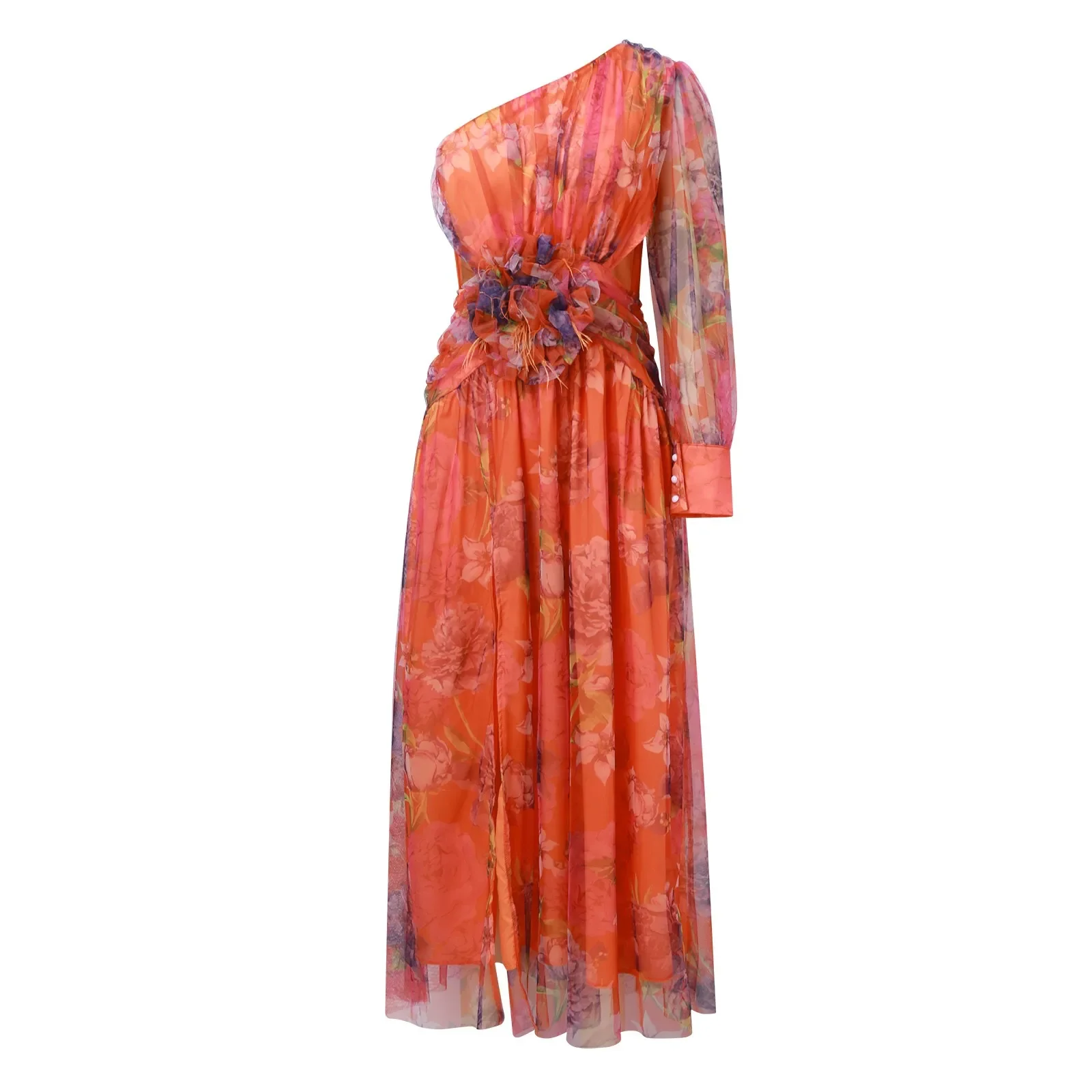 Frauen Abendkleid eine Schulter doppels chichtige Tie-Dye Blumen druck Rose Dekor Mesh Blase Ärmel boden lange geteilte Saum Ball