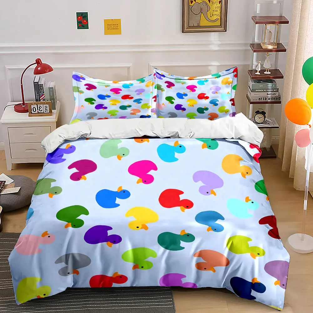 Colorful ducks randomly arranged Pattern Duvet Cover Set Digital Print Colorful Polyester Bedding with Zipper Closur for gifts