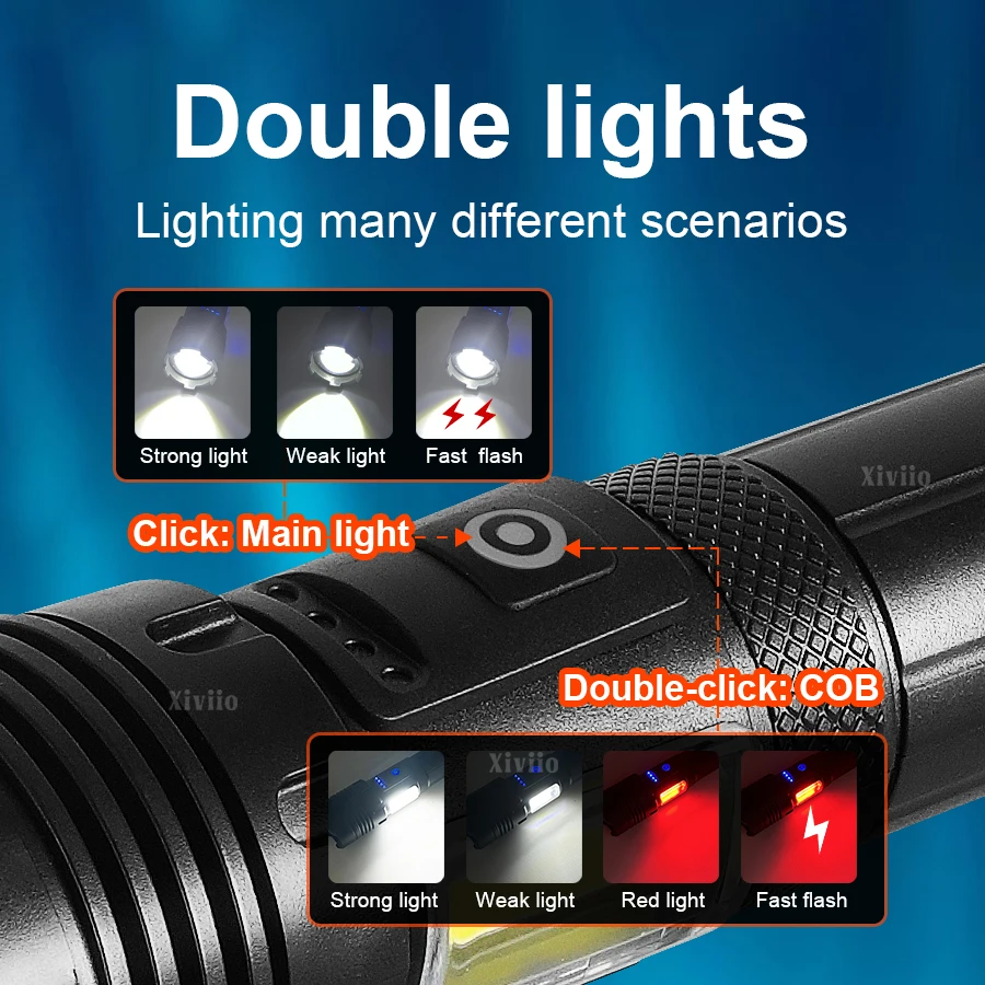 Powerful Flashlight XHP160 LED Work Light Super Bright Lantern Rechargeable Lamp Built-in Battery Camping Fishing Flashlights