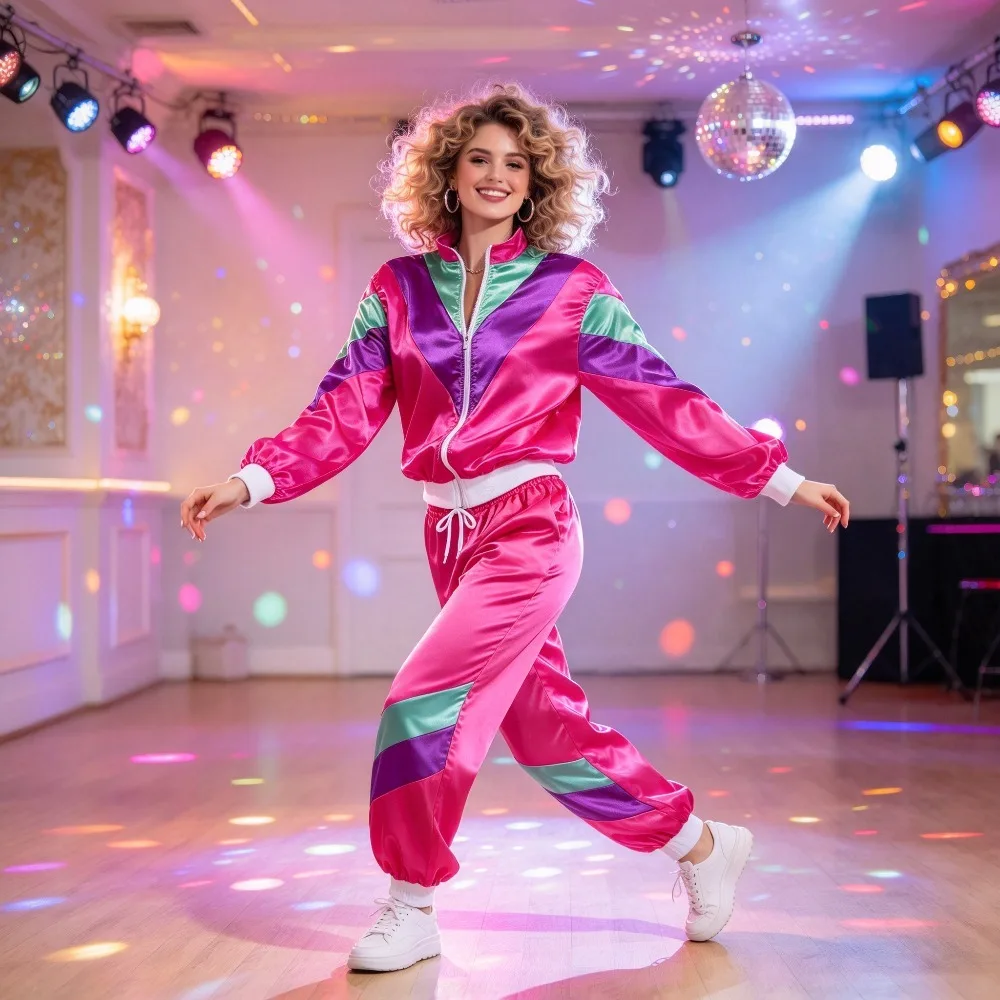 80s Retro Disco Tracksuit for Women, Pink Jacket & Jogger Pants, Splicing Costume for Themed Party, Group Cosplay and Stage Show