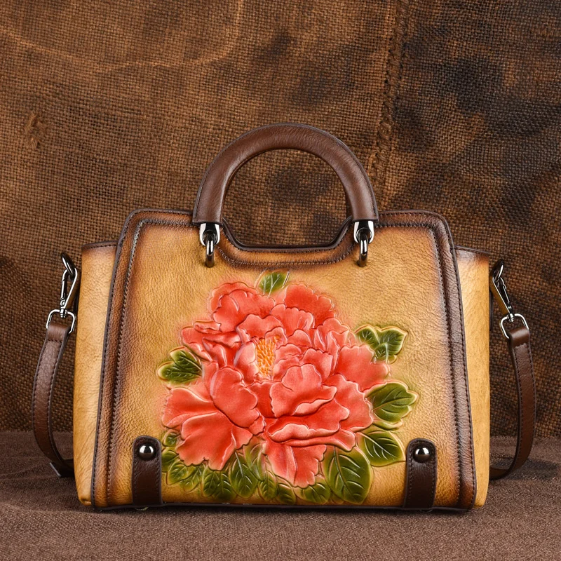 Vintage Genuine Leather Bag Women Real First Layer Cow Leather Tote Bag Chinese Style Floral Ladies Handbag