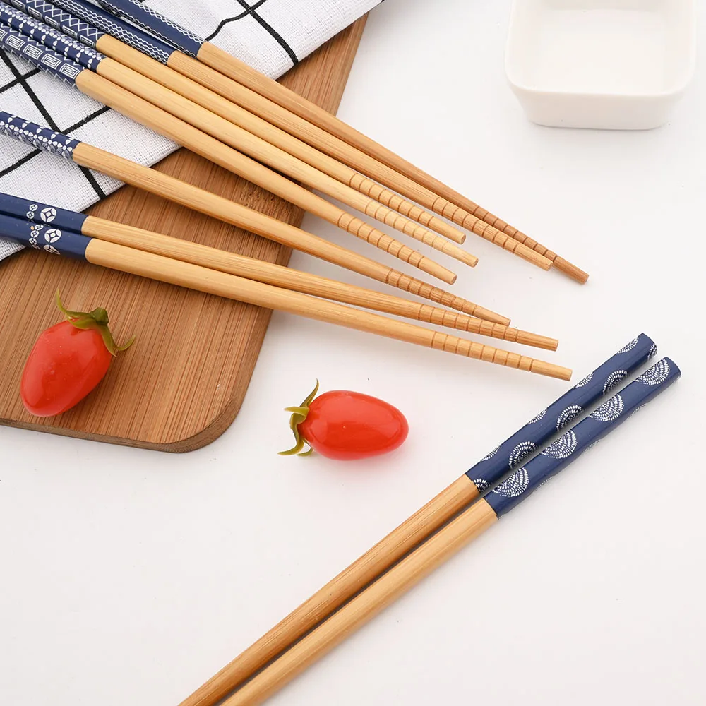 Reusable 5Pairs Tableware Handmade Bamboo Japanese Natural Wood Chopsticks Sushi Food Cat Flower Multi Color Wooden Chop Sticks