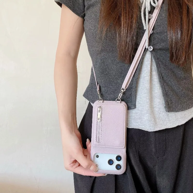 Cordão crossbody com zíper espelho carteira titular do cartão slot caso de telefone para iphone 17 ar 16 15 14 13 12 11 pro max 11 plus capa