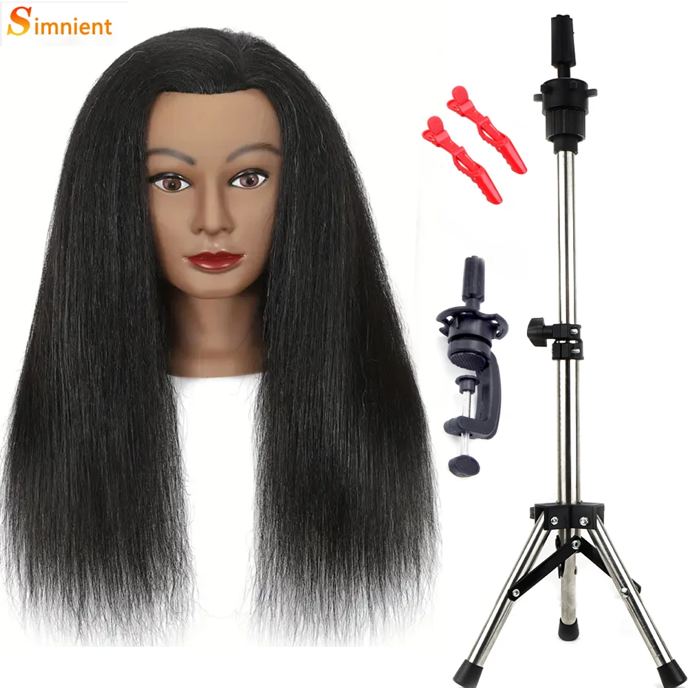 

African Mannequin Head 100%Real Hair Hairdresser Training Head With Tripod Manikin Cosmetology Doll Head For Braiding Styling