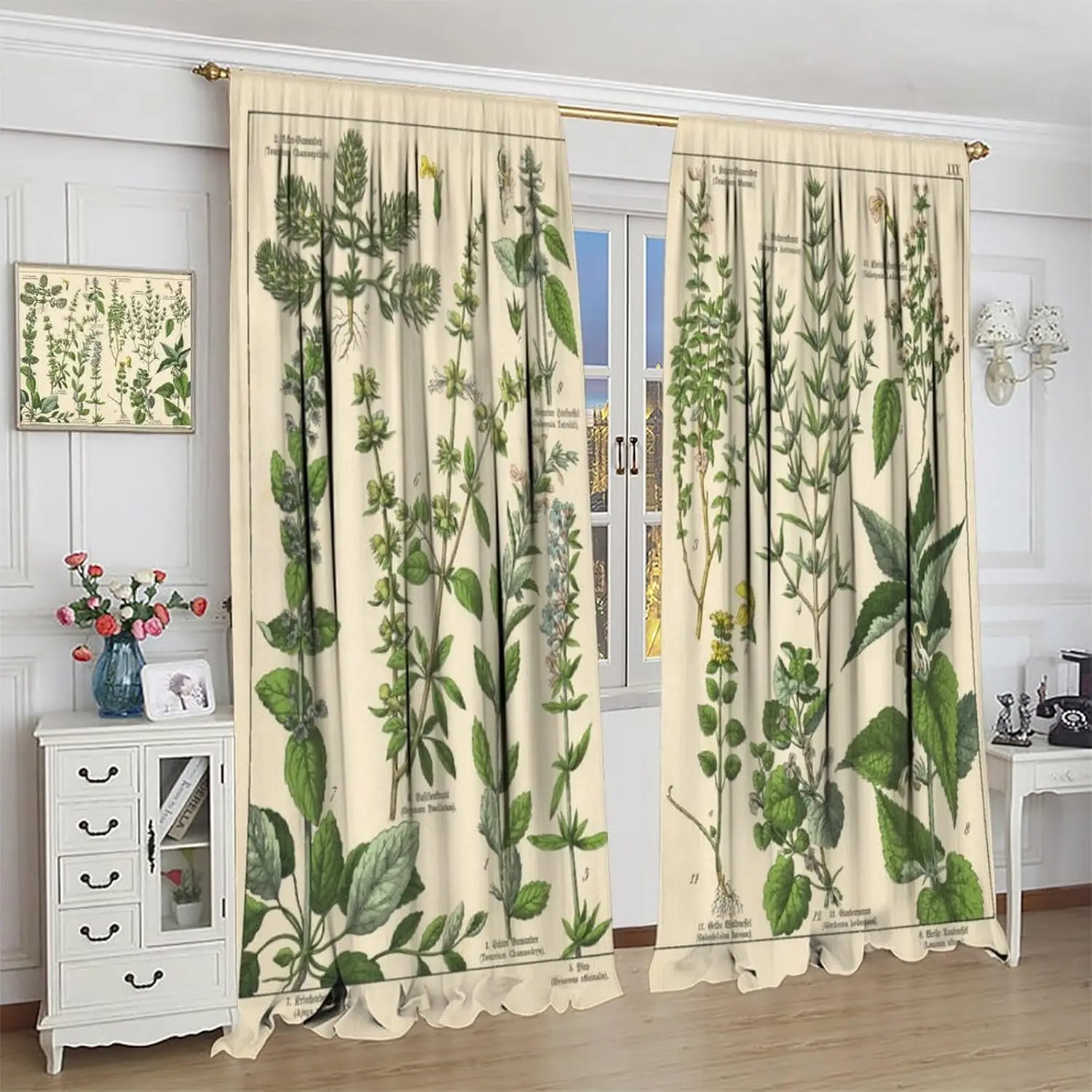 

Vintage Botanical Curtains, Antique 1900s Plants Herbs Boho Retro Green Leaves Window Treatments, Rod Pocket Thermal Insulated