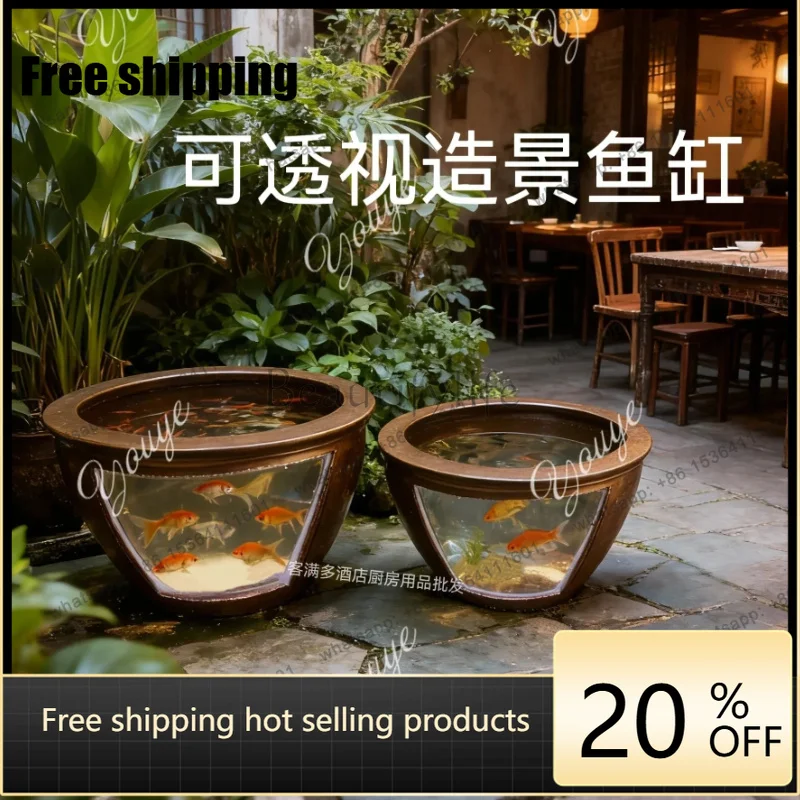 zj.Fish Tank Minggang Ornamental Fish Pond Can See Through Landscaping Clay Water Tank Restaurant Decoration Tank Nail