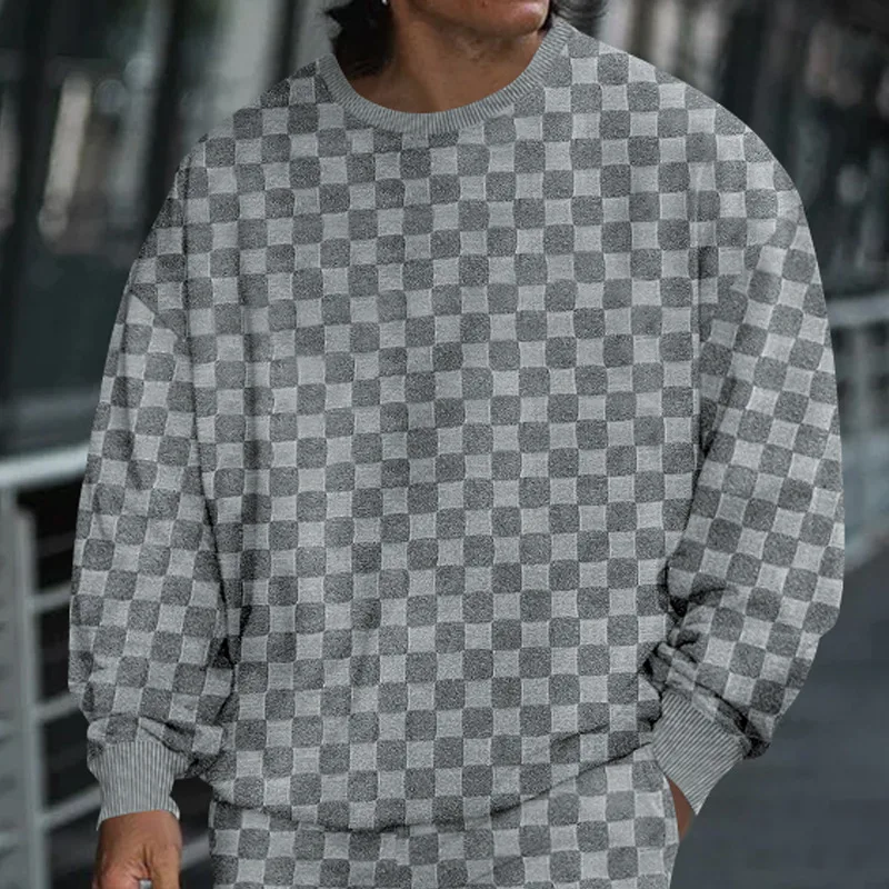 Cross-border men\'s clothing autumn and winter heavy jacquard checkerboard round neck casual bottoming shirt knitted long sleeves