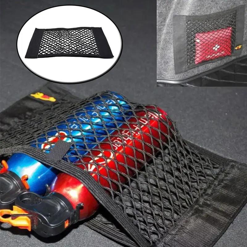 Car Trunk Storage Elastic String Net Mesh Bag 40x25cm Car Magic Tape Sticking Holder Pocket Organizer Car Accessories Styling