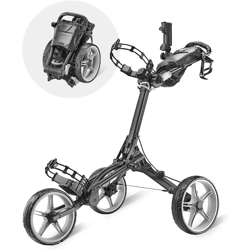 3 Wheel Golf Push Cart, One Click Folding Design, Smallest Folded Footprint, 32