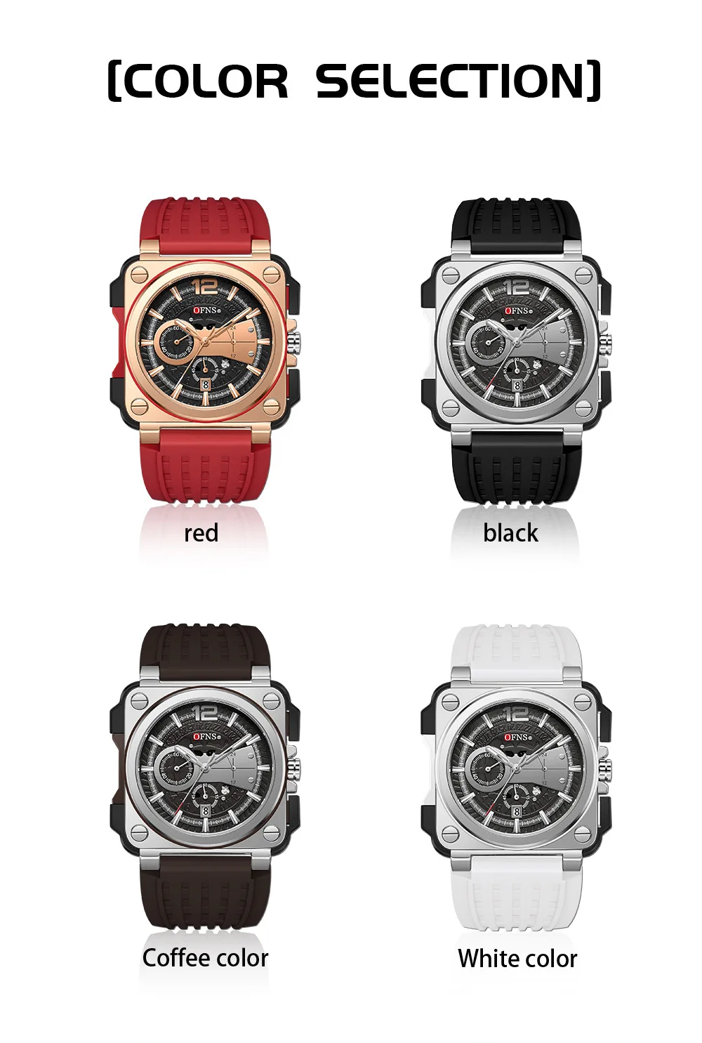 OFNS 1305 Men's Quartz Watch Square Dial Fashion Unique Calendar  Silicone Strap Wristwatch for Male