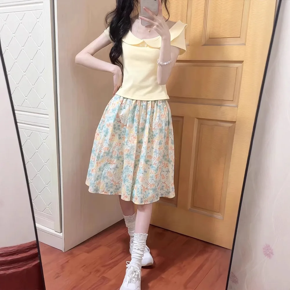 

Floral Skirt Women's Summer New Small Japanese Sweet High Waist Thin Medium and Long Fluffy A-shaped Skirt