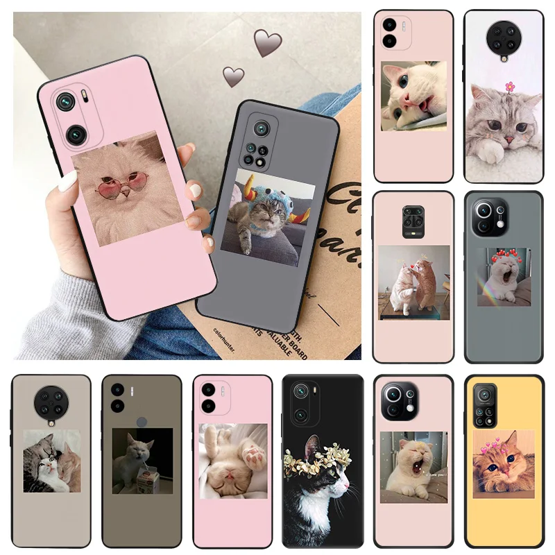 Soft Case for Redmi K60 E 12C 12 K50 K40 Gaming 9 9A 9C 9T 9I 10 10C 10A A2 A1 Mi CC9 C51 Cute Pink Cat Black Phone Cases Cover