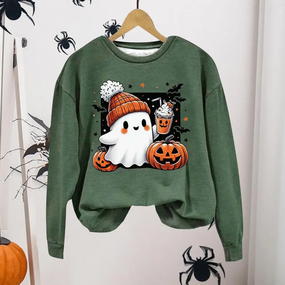 Bat Printing Sweatshirt Women's Halloween Sweatshirt with Cartoon Pumpkin Bat Ghost Print Crew Neck Long Sleeves for Daily