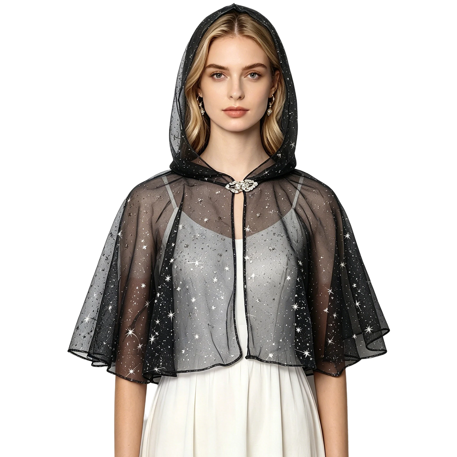 Women Short-style Hooded Star Mesh Tulle Cape Cloak with Rhinestone Clasp for Cosplay Stage Performance Halloween Party