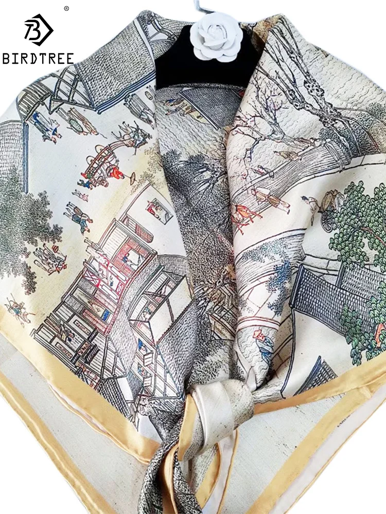 BirdTree Elegant Scarves, 100% Real, Vintage Print, Mom Gift, Moda Chic Cachecol Retro, A465133QM, 110cm, Verão, Outono, 2024