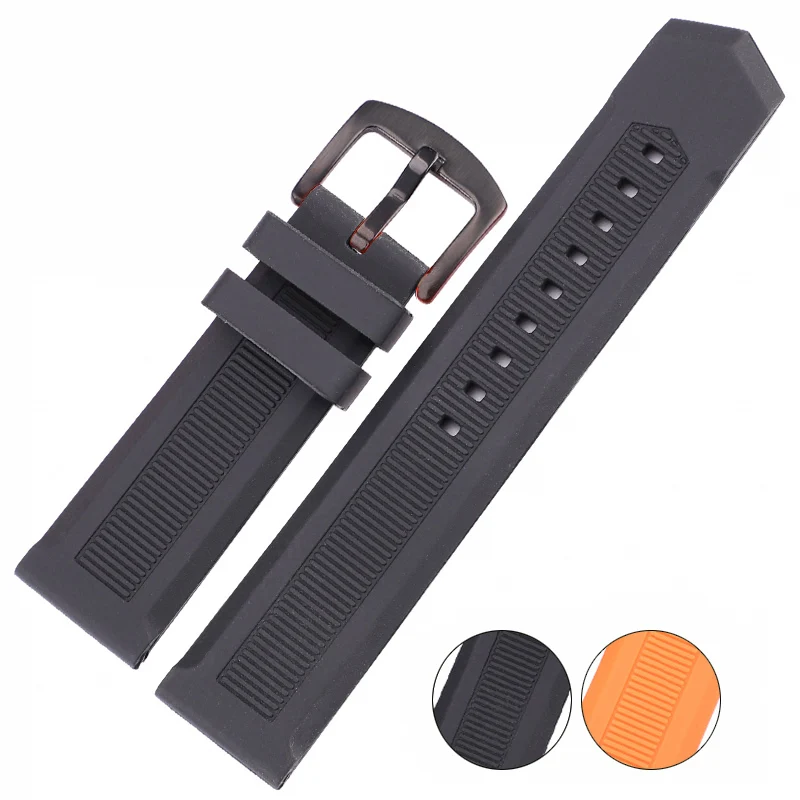 Soft Silicone Diving Watchband 22mm Rubber Strap with Stainless Steel Pin Buckle Sport Style Black Orange Men\'s Bracelet