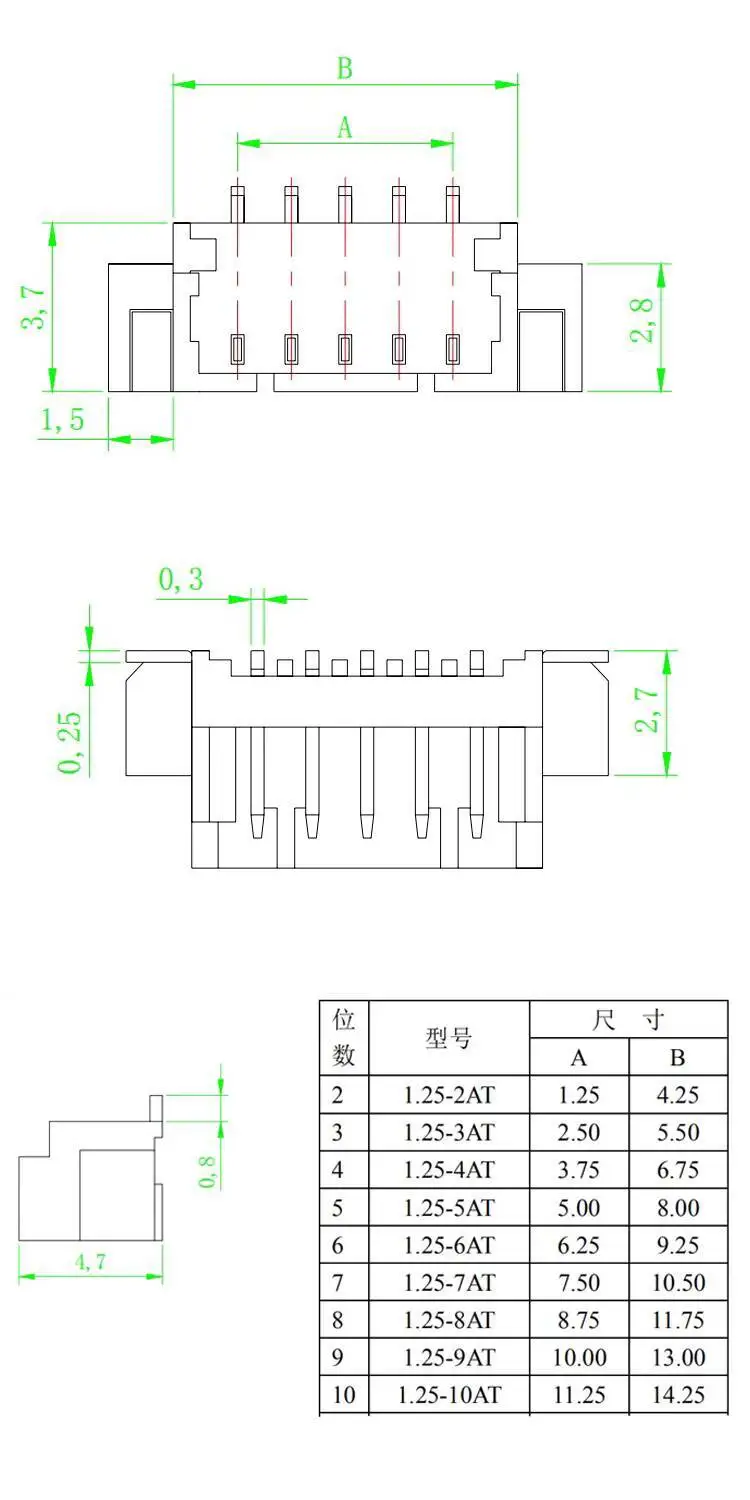 20 Stück 1,25 mm vertikaler SMD-Steckverbinder 1,25 mm Rastermaß 2 3 4 5 6 7 8 9 10P – Detail 1
