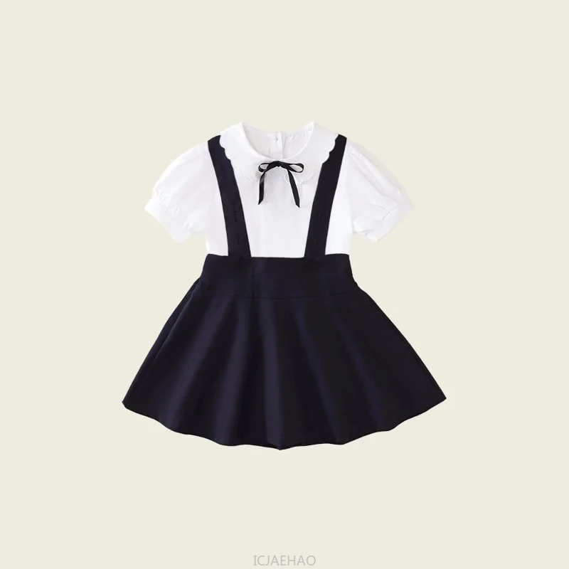 

Kids White Blouse Pleated Skirt Sets Sundress Black for Girls Elementary School Student Uniform Suit Blue School Children Dress